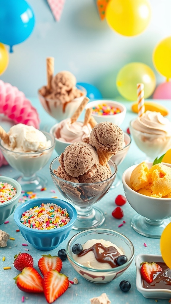 An ice cream party display with bowls of different ice cream flavors and various toppings.